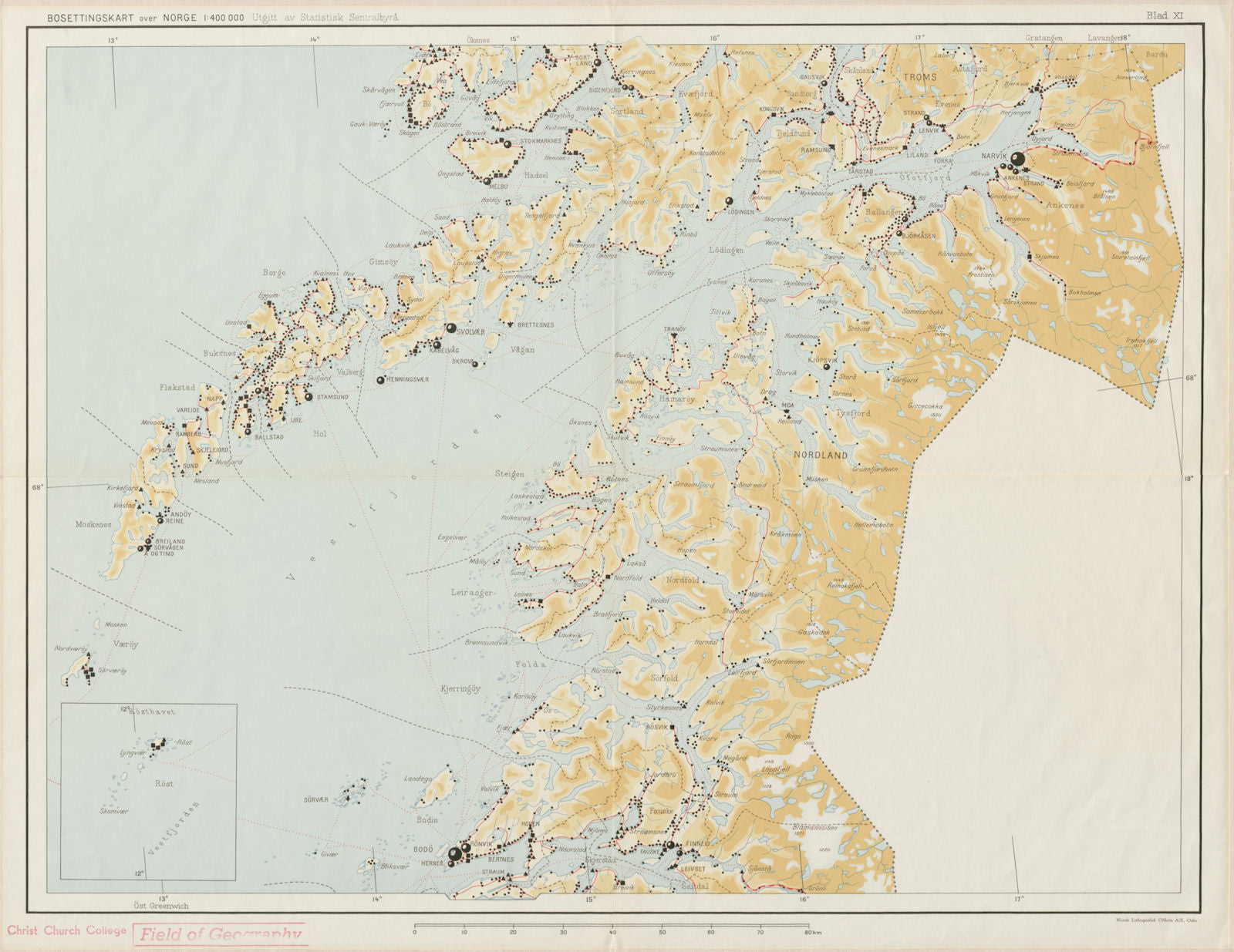 Norway Norge settlements. Bodö Bodo Narvik. Nordland Troms 48x62cm 1950 map